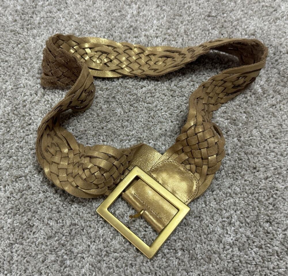Caché Made in USA Braided Soft Leather Wide Statement Metallic Gold Belt Sz S